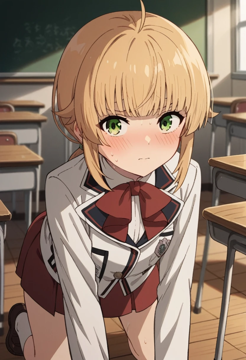 NSFW，from behind，
norngreyrat, norn greyrat, bangs, blonde hair, green eyes, ahoge,
long sleeves, bow，jacket, bowtie, red bow, skirt, red skirt, white jacket,
indoors, classroom, (embrassing,blush:1.2),(vapor:0.8),(Wet:0.8),(Sweat:0.8)，all fours，show off your panties，cute panties，
looking at viewer