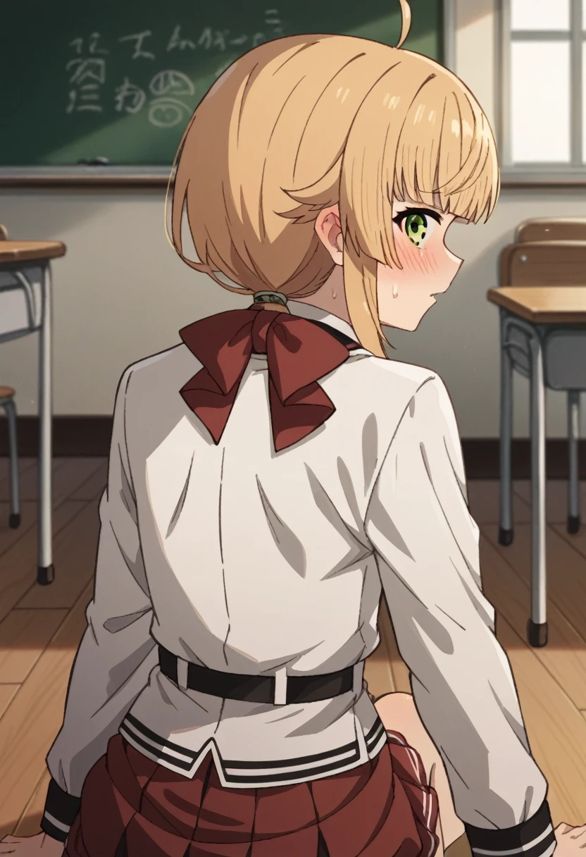 NSFW，from behind，
norngreyrat, norn greyrat, bangs, blonde hair, green eyes, ahoge,
long sleeves, bow，jacket, bowtie, red bow, skirt, red skirt, white jacket,
indoors, classroom, (embrassing,blush:1.2),(vapor:0.8),(Wet:0.8),(Sweat:0.8)，all fours，show off your panties，cute panties，
looking at viewer