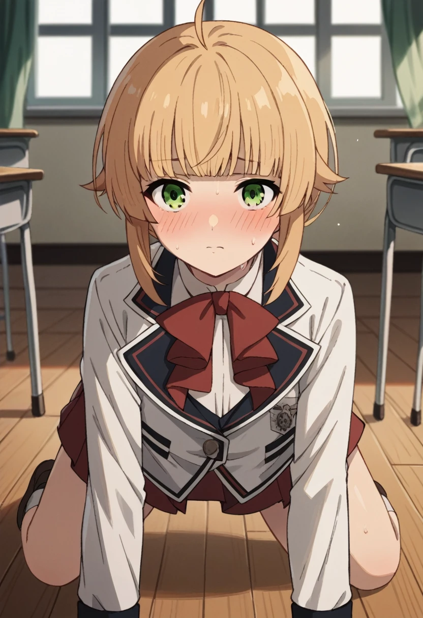 NSFW，from behind，
norngreyrat, norn greyrat, bangs, blonde hair, green eyes, ahoge,
long sleeves, bow，jacket, bowtie, red bow, skirt, red skirt, white jacket,
indoors, classroom, (embrassing,blush:1.2),(vapor:0.8),(Wet:0.8),(Sweat:0.8)，all fours，show off your panties，cute panties，
looking at viewer