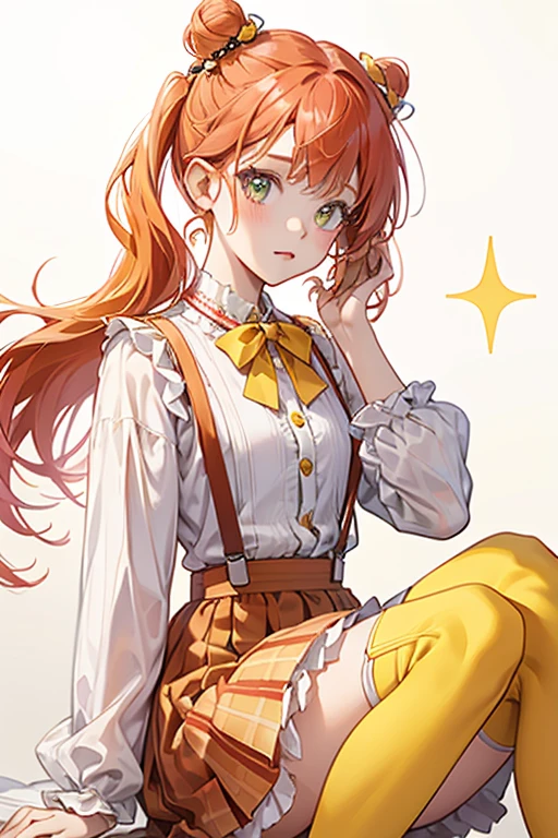 Ember is a fair skinned girl with watermelon-pink cheeks and orange-red hair with straight cut bangs. Two very small cowlicks sit at the top of her head. Her short pigtail-like buns held with a yellow bow on each side.

She wears a striped white shirt with frilled sleeves and a collar with small buttons underneath along with a red frilled skirt with yellow lining and black buttoned yellow suspenders. She also wears pink and white legwarmers and firefighter boots. SPARKLE; GLITTER