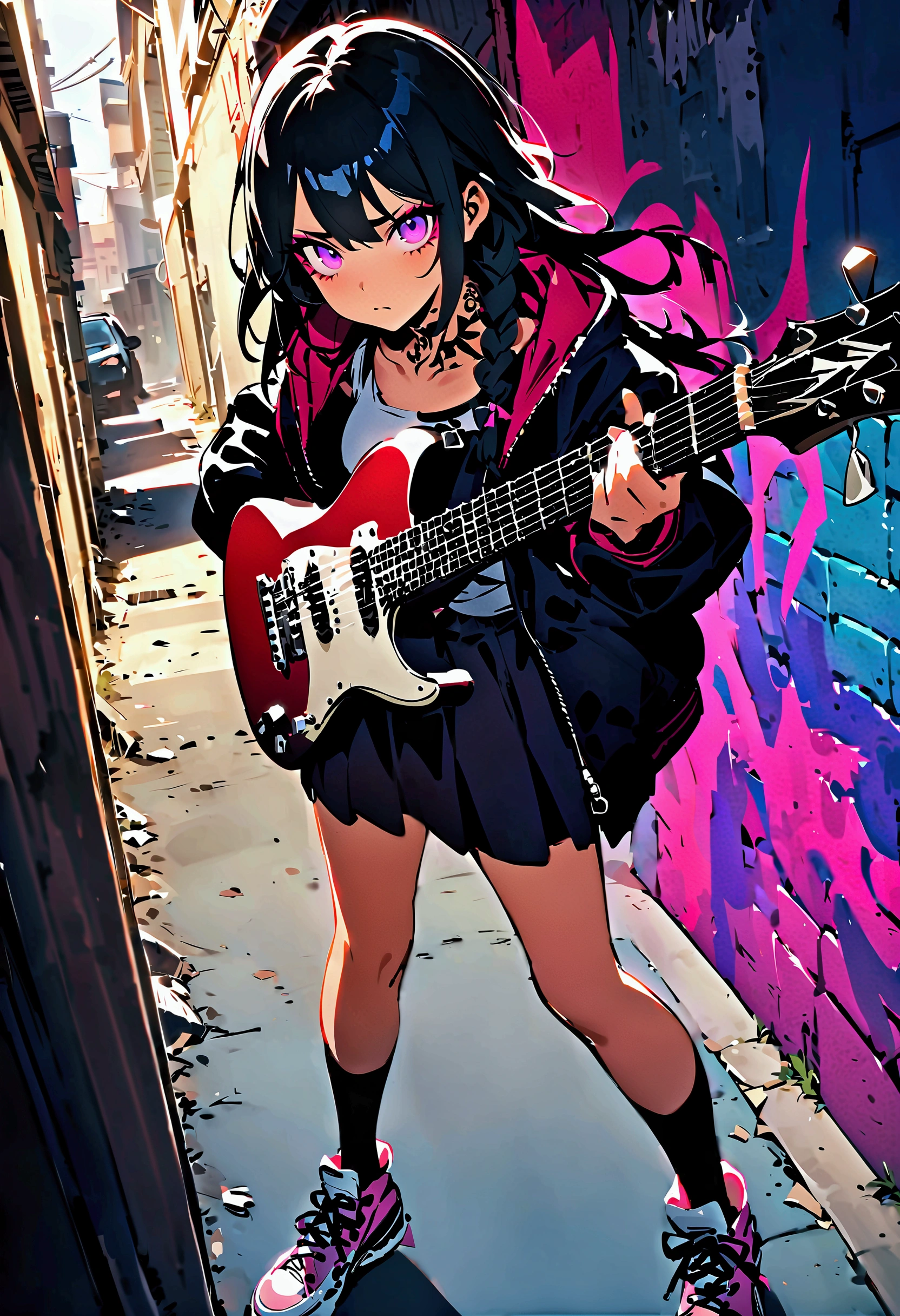 Playing the guitar、Performance、Step Piece, Best Quality, Best Illustration, Ultra-detailed,girl, pinkrose long hair, crazy baddie girl, Cool Black Open Short Jacket, neck tattoo, Messy Fade Cut Hair, Side braided hair,Crazy, standing with an eerie feeling, abandond street graffiti wall background,knee high socks, quirky sneakers, Eyeshadow on the eyes,unusual colored eyes, Eyes of fear, vivid eyes, cool shot
