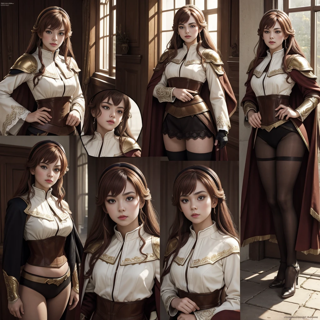 ((Masterpiece, Highest quality)), Detailed face, CharacterDesignSheet，full bodyesbian, Full of details, Multiple poses and expressions, Highly detailed, Depth, beuaty girl，Lace，lacepantyhose, High Balance, suns，Natural light，White and gold，armor