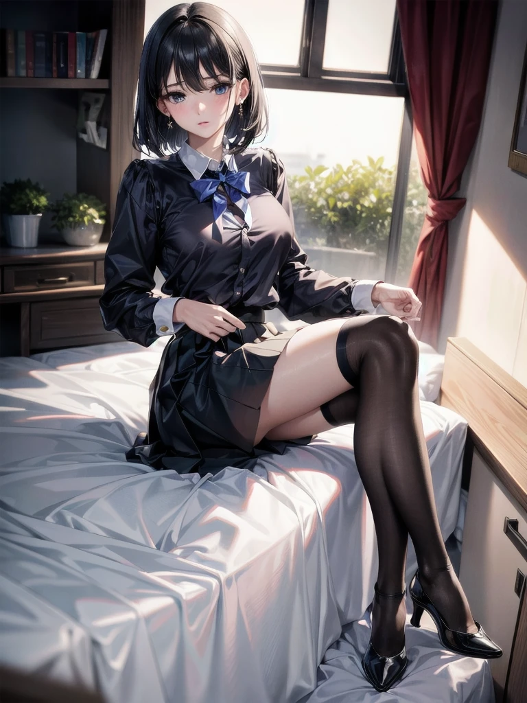 absurdres, RAW photo, extremely delicate and beautiful, masterpiece, Best Quality, ultra high resolution, 32k, hyperrealistic, ultra-detailed, perfect figure, in her 20s, very small head, very small face, delicate facial features, tearful mole, earring, very huge breasts, full body shot, medium hair, black hair, school_uniform, short skirt,