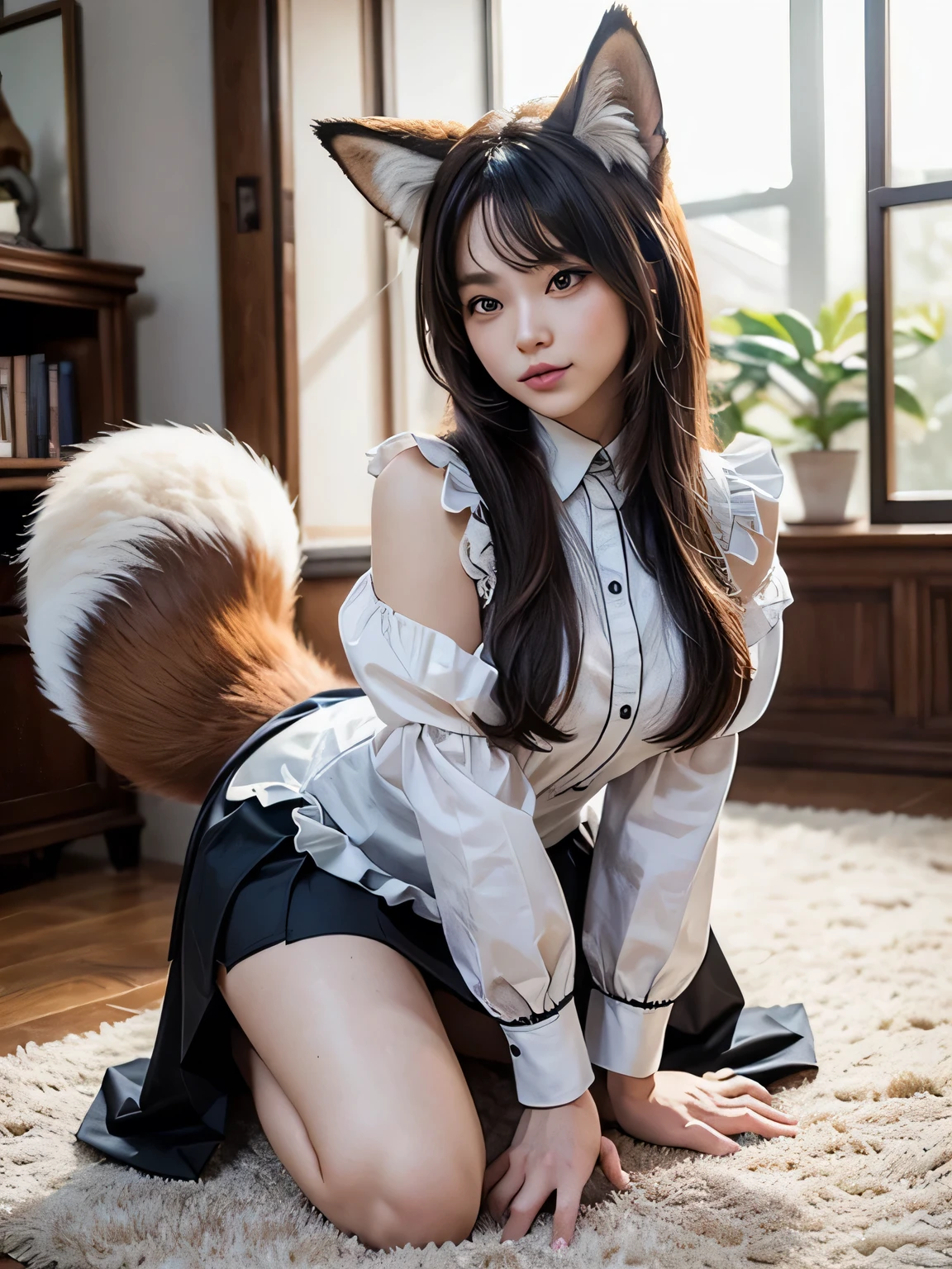 ((Highest quality)), ((masterpiece)), (Familiar), Perfect Face, fox lady, Pretty girl, Fox Ears, Fox tail, She has a northern fox tail, She wags her fluffy tail, She is a pretty maid, Beautiful hip line, Big , Thick thighs, A big tail growing out from under the skirt, Nice body, On all fours , Shyly staring at his tail, Only one tail, a shy face