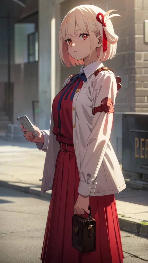 chisatonishikigi, nishikigi chisato, short hair, bangs, blonde hair, (red eyes:1.5), hair ribbon, one side up, bob cut, BREAK shirt, long sleeves, dress, ribbon, white shirt, collared shirt, belt, neck ribbon, red dress, blue ribbon, pleated dress, grey dress, two-tone dress, red belt, lycoris uniform,, BREAK outdoors, city, BREAK looking at viewer, BREAK (masterpiece:1.2), best quality, high resolution, unity 8k wallpaper, (illustration:0.8), (beautiful detailed eyes:1.6), extremely detailed face, perfect lighting, extremely detailed CG, (perfect hands, perfect anatomy),