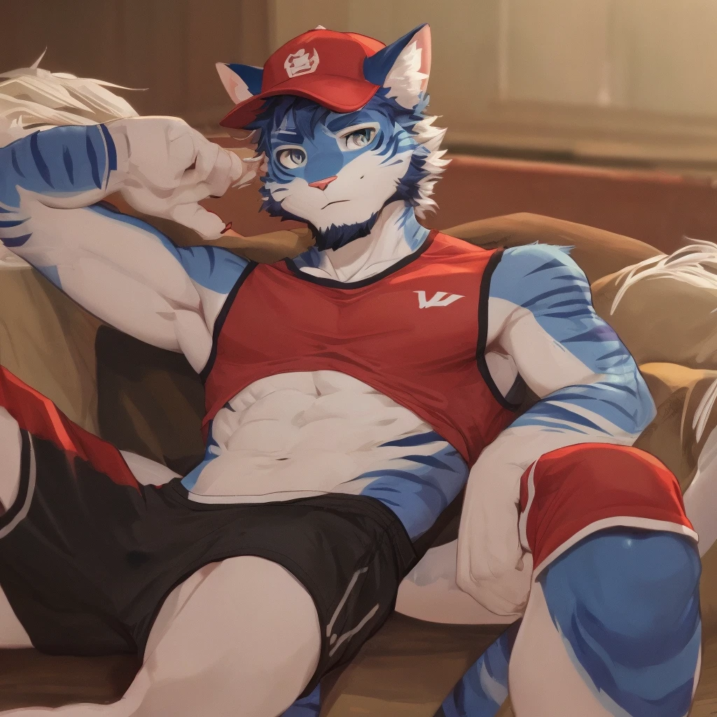 A slim adult male anthro Half cat half dragon with furry body and sexy face and half body looking at the viewer. The furry cat has sports clothes with a red cap covering his eyes