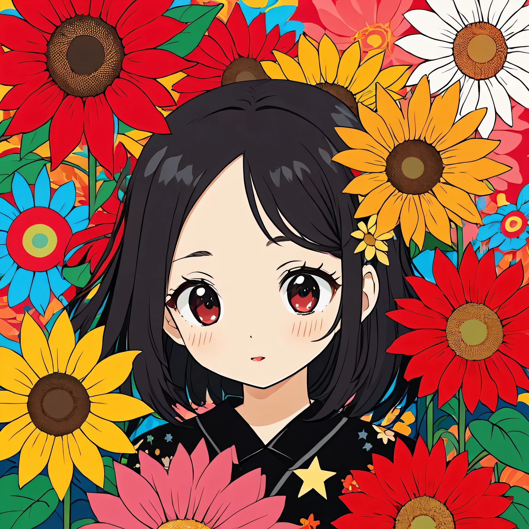 Takashi Murakami style, Black Star Red and White style, Simple Line Initialism,Abstract art,Kawaii Design, The most beautiful girl of all time, The background is sunflowers, colorful hearts, colorful flowers,
