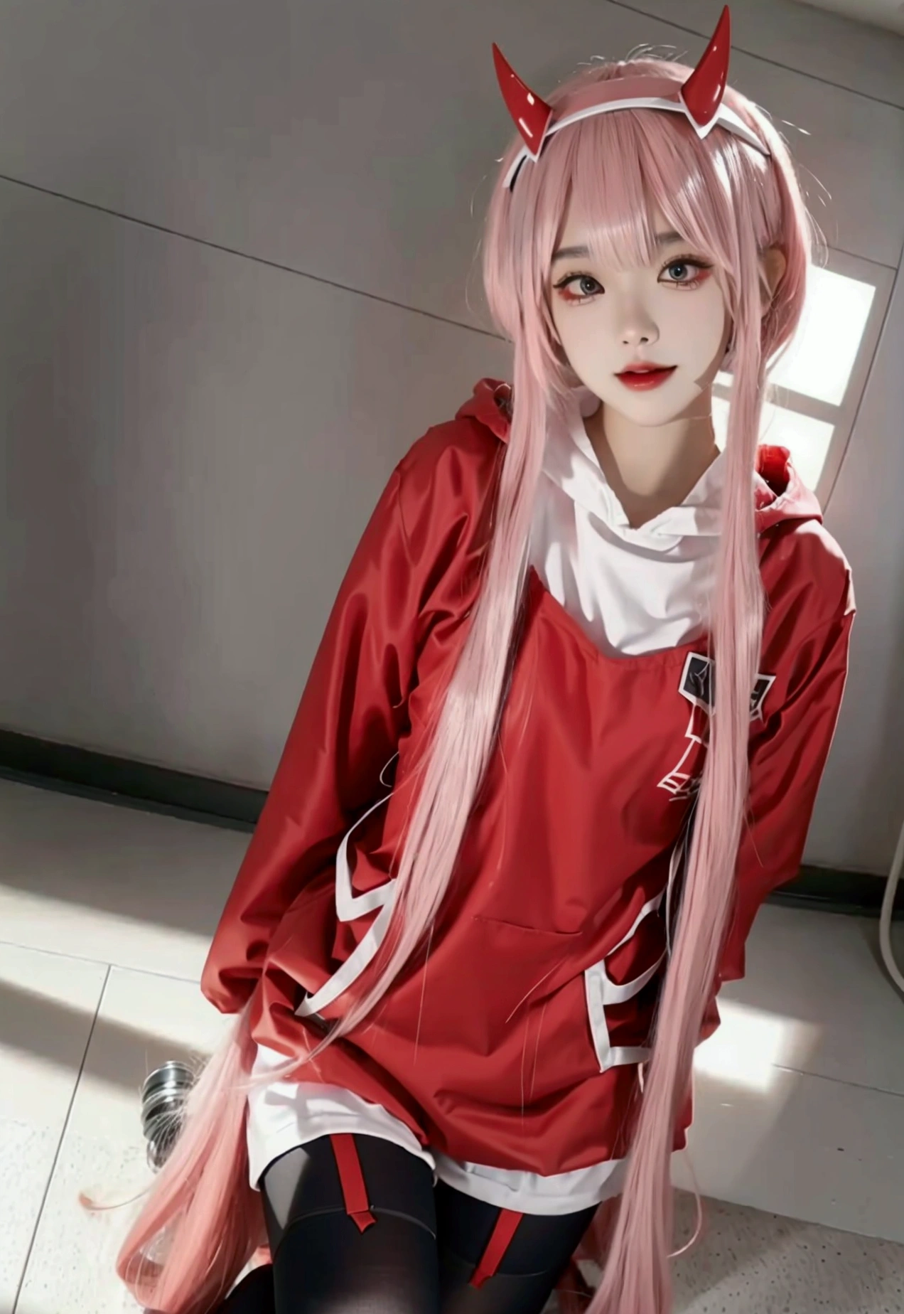 ultra-detailed,highly detailed,best quality,masterpiece,illustration, 
The image features a young person with pink hair, wearing a headband with small red horns. They are dressed in a light gray hoodie with black drawstrings and a small red logo on the chest. They are also wearing matching light gray shorts with pink accents and thigh-high black stockings with straps. The individual is wearing a blue face mask with intricate designs. The background shows a yellow vehicle and what appears to be an urban setting.