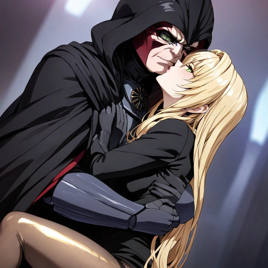 ((Highest quality)), ((masterpiece)), (detailed), （Perfect Face）、The woman is a Tier, with green eyes, medium-long blonde hair, and is wearing shiny full-body tights with luxurious gold embroidery and edging, shiny black boots, and a black cloak.、The woman pledges her loyalty to Emperor Palpatine, and they embrace, love, and kiss.、The woman is standing close to the Emperor, and the dignified old Emperor Palpatine is holding her close, kissing her and loving her.、The man is Darth Sidious, Emperor Palpatine, Dark Lord of the Sith, a wrinkled, dignified, ugly old man wearing a black hooded robe, embracing, kissing and fondling a woman.