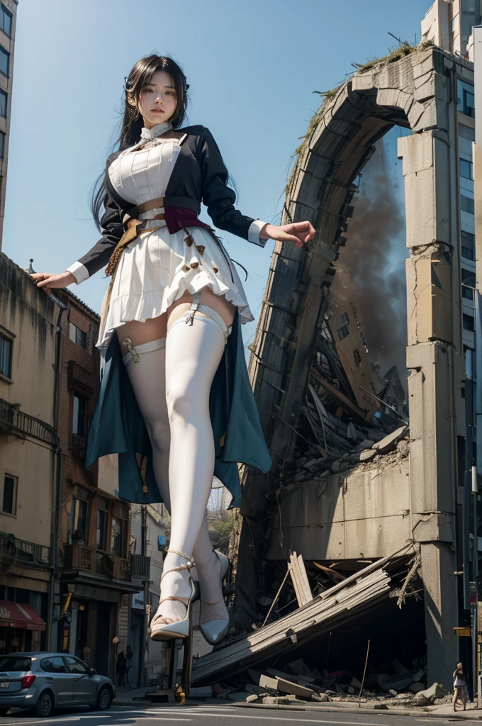 Sitting on a ruined building、The building collapses、Urban hustle and bustle、Traffic jam、City of Rubble、street tree、((((Azur Lane Cheshire Cosplay))))、Frilled maid outfit、Super huge breasts、Plump thighs、Ground View，City of Giants,500 foot tall giant girl，skyscraper,Has super long legs,Step into the crowd，There are many people on the street,Knee-high socks，She has waist-length black hair，Wear Mary Jane heels，A happy look，Standing on the ruins，Beautiful appearance，Exquisite makeup，quality，8K，高quality，Perfect Proportions, Cinema Lighting，Film Grain，The Colors of Fuji，8K，Textured skin，Super Detail，High detail，high quality，High resolution，explode，False Smile,Show your pants