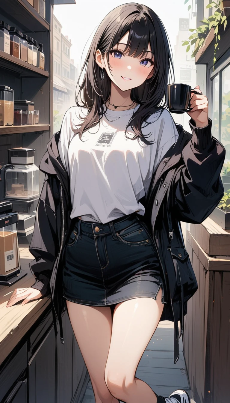 (masterpiece, best quality:1.2), 18 years old, very beautiful girl, alone, Happy expression looking at the camera in a coffee shop, Precise face, She is wearing an off-soldier large jumper, short skirt, and sneakers., fragrant coffee, whole body, simple background, Nizi 5,