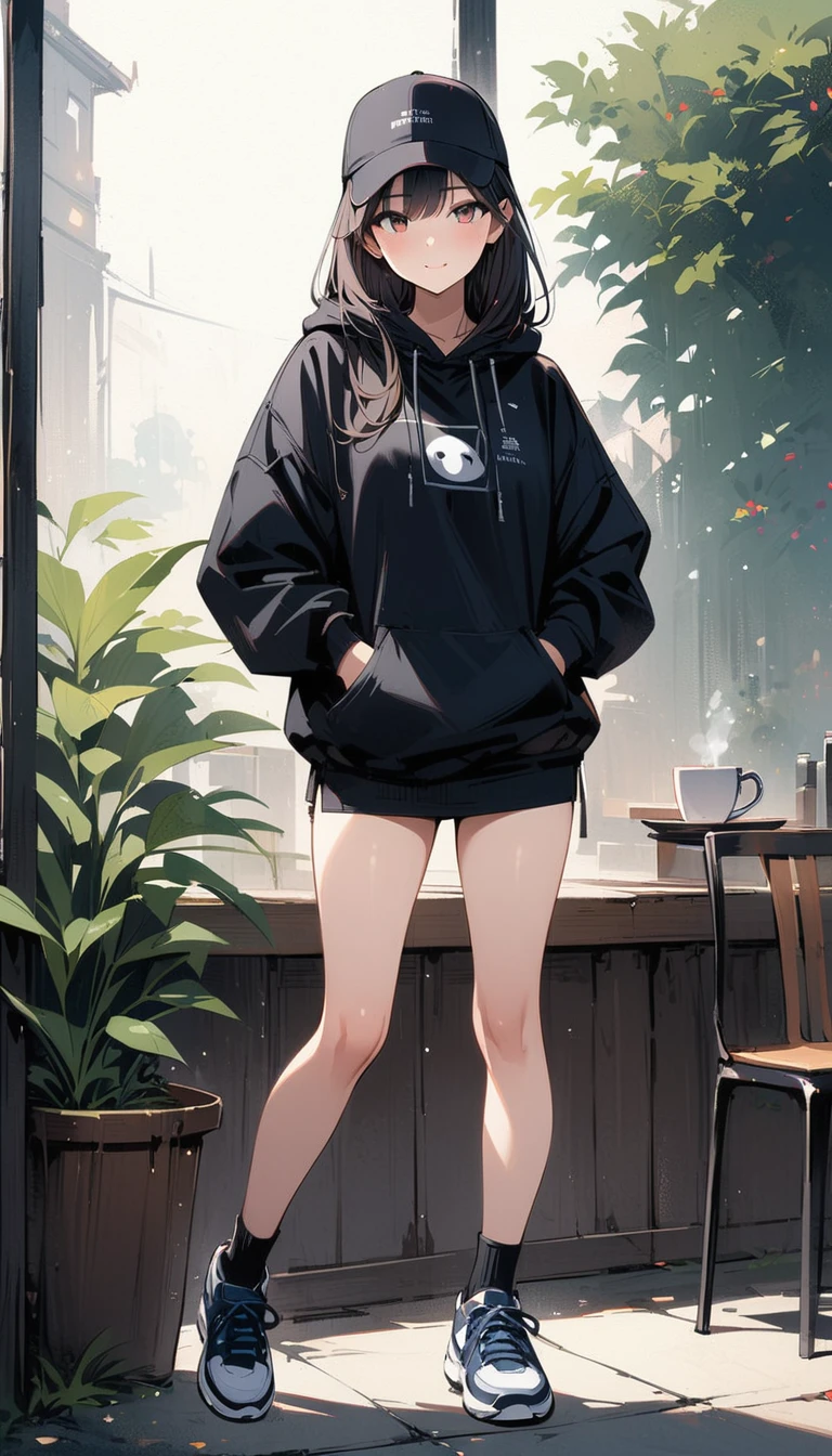 (masterpiece, best quality:1.2), 18 years old, very beautiful girl, alone, Happy expression looking at the camera in a coffee shop, Precise face, She is wearing an off-soldier large jumper, short skirt, and sneakers., fragrant coffee, whole body, simple background, Nizi 5,