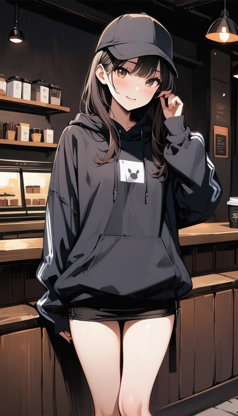 (masterpiece, best quality:1.2), 18 years old, very beautiful girl, alone, Happy expression looking at the camera in a coffee shop, Precise face, She is wearing an off-soldier large jumper, short skirt, and sneakers., fragrant coffee, whole body, simple background, Nizi 5,