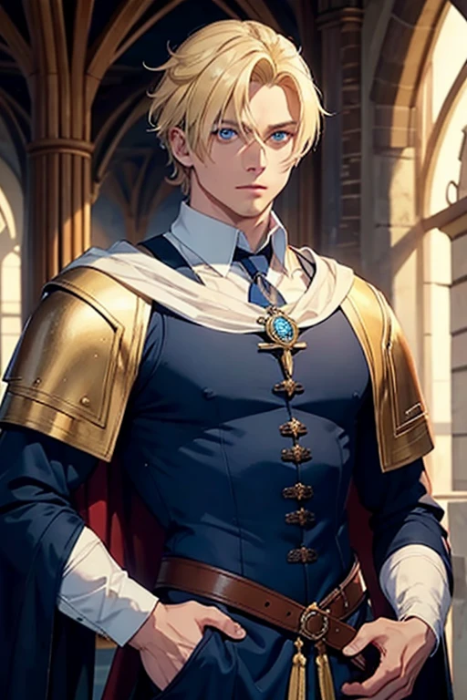 blonde man with blue eyes,muscular and well dressed in medieval clothes,apparently rich