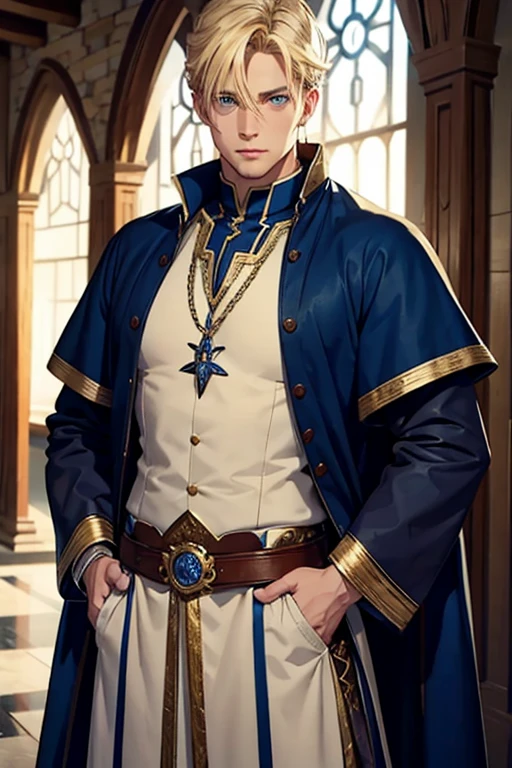 blonde man with blue eyes,muscular and well dressed in medieval clothes,apparently rich