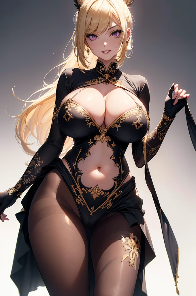 masterpiece), Highest quality,
One girl, (Ultra-high resolution:1.6), (eyelash:1.5),
(Exquisitely detailed body:1.2),
Yellow Hair,
(bangs:1.1), (ponytail:1.1),
Purple eyes, (Gothic Makeup, Red lipstick, eye shadow:1.1),
(Pale skin:1.1), (Huge breasts:1.6),
Grin, Open your mouth,
(Gold embroidered bodysuit, Belly button cutout, tattoo:1.2), (pantyhose:1.3),
(Witch Costume:1.2),
(ribbon:1.1), (jewelry:1.1), gloves,
Are standing, peace,
(whole body:1.1),
( White Background:1.2)"、Obscene lines、(お腹にObscene lines)