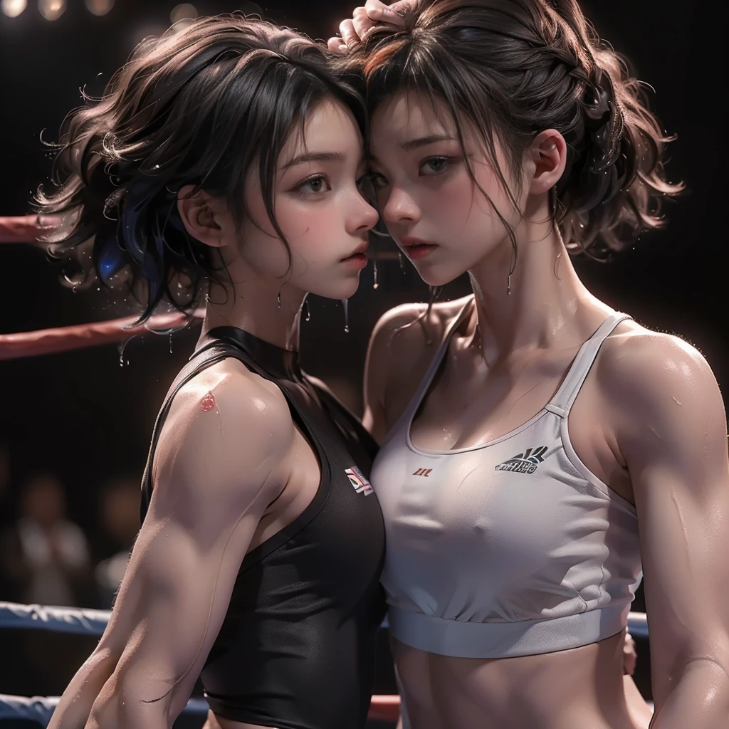 ((masterpiece, highest quality, Highest image quality, High resolution, photorealistic, Raw photo, 8K)), Boxing match, female athletes punching each other in the lights, wet bodies, profiles of athletes looking across,
