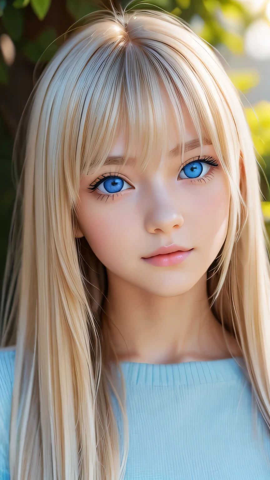 Very beautiful face、A beautiful girl、Super Long Hair、windy silky blonde super long hair、Swinging bangs、Cute sexy 16 year old blonde girl with light blue eyes、Hair above the eyes、片Hair above the eyes、Hair between the eyes、Big bright light blue eyes that shine so beautifully、eyeliner、Bright expression、