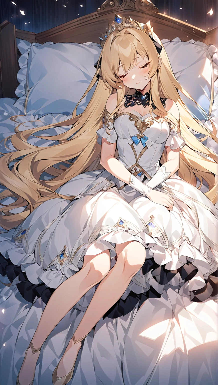 Anime - style image of woman in white dress sitting on bed, A lovely and sloppy princess, Anime Princess, In a dress, Blonde Princess, blonde Long Hair Anime Girl, Cute anime waifu in a nice dress, Sleeping Princess!!!!, Long Hair Anime Girl, Fate-like anime style/Stay Night, Anime Goddess, Anime Wallpaper