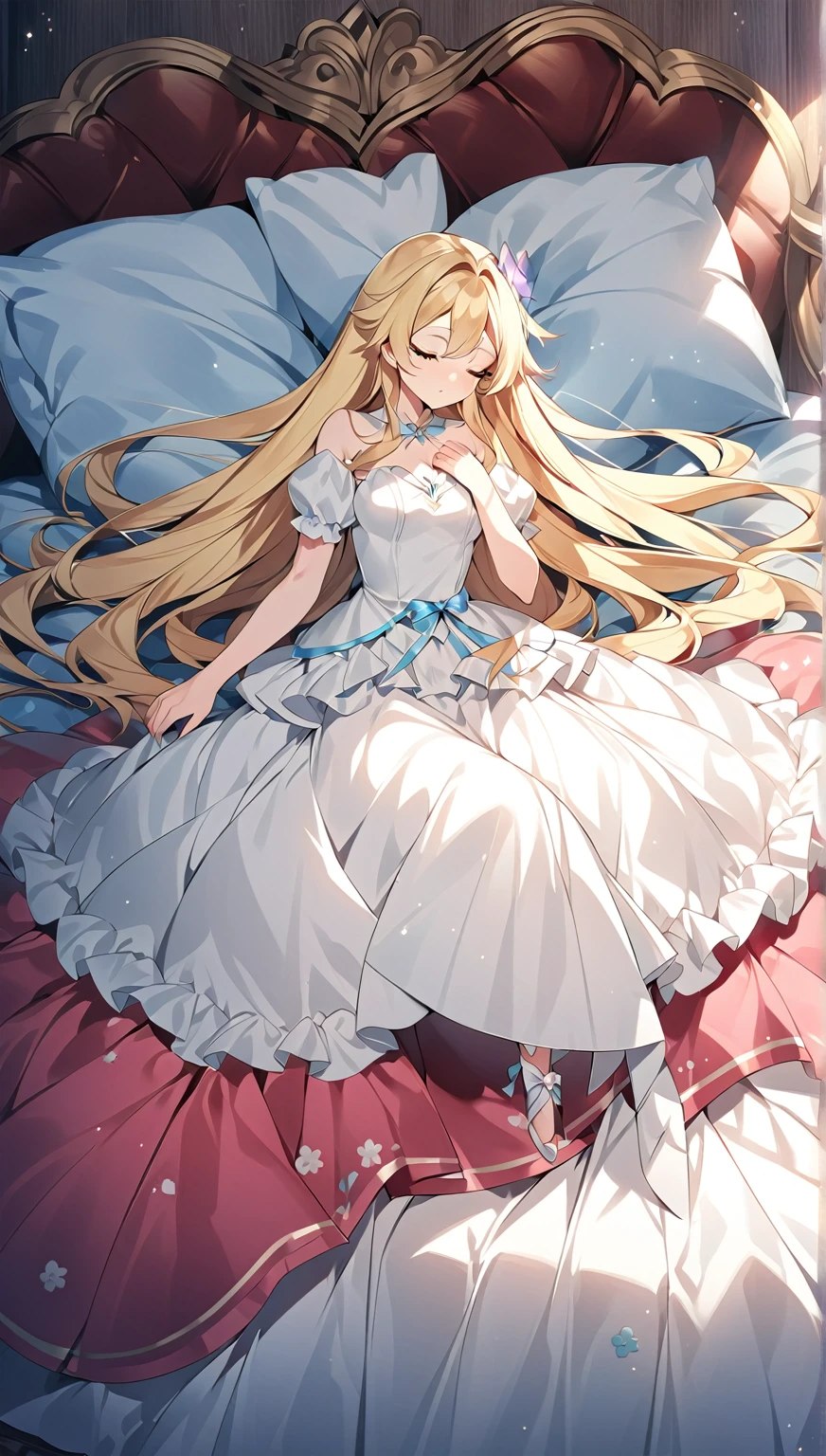Anime - style image of woman in white dress sitting on bed, A lovely and sloppy princess, Anime Princess,  In a dress, Blonde Princess, blonde Long Hair Anime Girl, Cute anime waifu in a nice dress, Sleeping Princess!!!!, Long Hair Anime Girl, Fate-like anime style/Stay Night, Anime Goddess, Anime Wallpaper