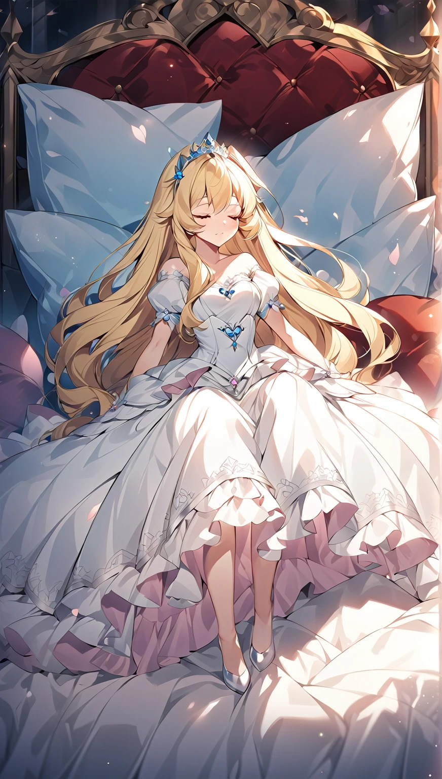 Anime - style image of woman in white dress sitting on bed, A lovely and sloppy princess, Anime Princess, In a dress, Blonde Princess, blonde Long Hair Anime Girl, Cute anime waifu in a nice dress, Sleeping Princess!!!!, Long Hair Anime Girl, Fate-like anime style/Stay Night, Anime Goddess, Anime Wallpaper