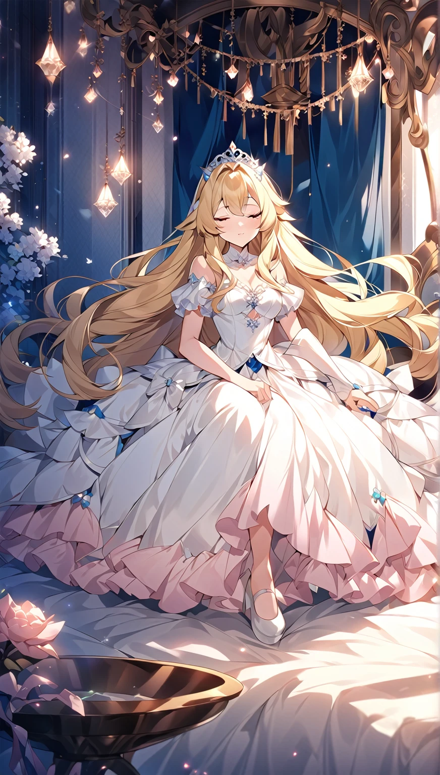 Anime - style image of woman in white dress sitting on bed, A lovely and sloppy princess, Anime Princess,  In a dress, Blonde Princess, blonde Long Hair Anime Girl, Cute anime waifu in a nice dress, Sleeping Princess!!!!, Long Hair Anime Girl, Fate-like anime style/Stay Night, Anime Goddess, Anime Wallpaper