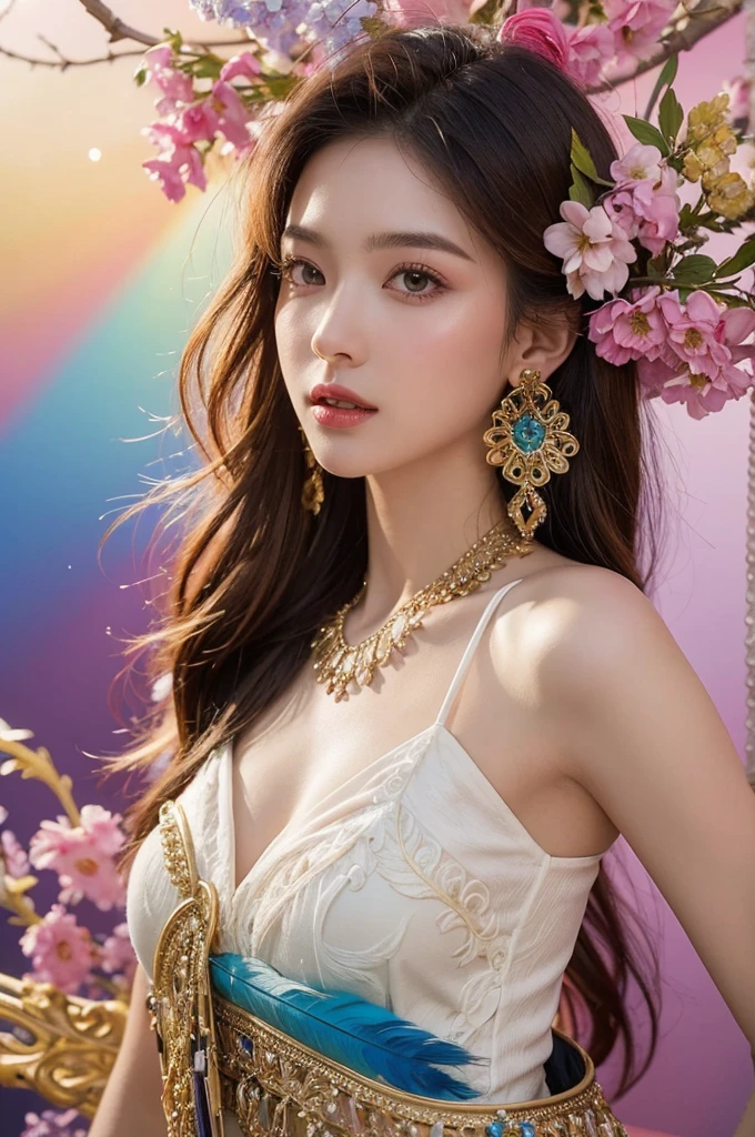 A girl with small breasts, bare shoulders, golden hair, colored feathers, metal ornaments, colored flowers, particles, light rays, (masterpiece, top quality, best quality, official art, beautiful and aesthetic:1.2), (1girl:1.3), extremely detailed,(fractal art:1.1),(colorful:1.1)(flowers:1.3),highest detailed,(zentangle:1.2), (dynamic pose), (abstract background:1.3), (shiny skin), (many colors :1.4), ,(earrings:1.4), (feathers:1.4)