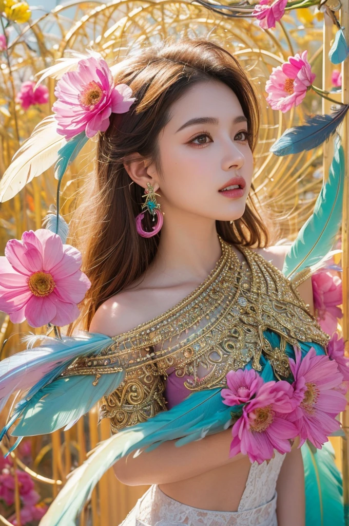 A girl with small , bare shoulders, golden hair, colored feathers, metal ornaments, colored flowers, particles, light rays, (masterpiece, top quality, best quality, official art, beautiful and aesthetic:1.2), (1girl:1.3), extremely detailed,(fractal art:1.1),(colorful:1.1)(flowers:1.3),highest detailed,(zentangle:1.2), (dynamic pose), (abstract background:1.3), (shiny skin), (many colors :1.4), ,(earrings:1.4), (feathers:1.4)