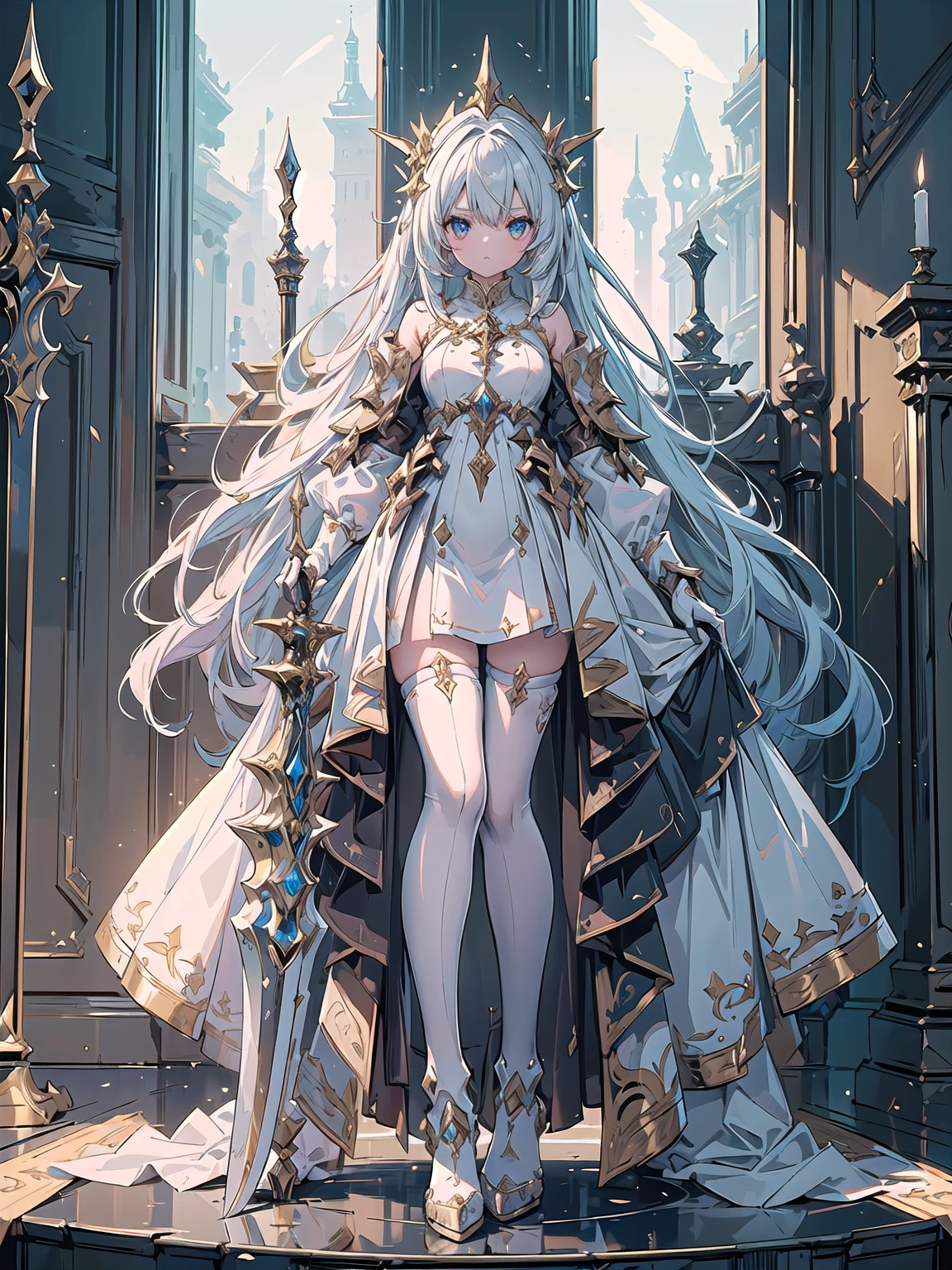 1girl, full body, standing, foot focus, Deus, crown, silver hair, long hair, blue eyes, white elbow gloves, gradient elbow gloves, shorts, thigh boots, tiara, leg armor, white legwears, high heels, <lora:szb_Deus:0.75:POVB>