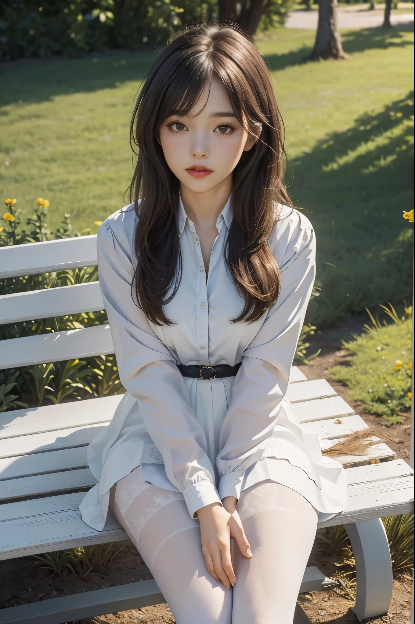 (best quality, 4k, Masterpiece, Ultra detailed, hyperrealism, RAW quality), 1 girl, sitting cross-legged on white garden bench, hands between legs, looking at the sky, she: long plain skirt, thick pantyhose, buttoned blouse, jacket in hand, wings, hair down, noon, English lamps, little birds,