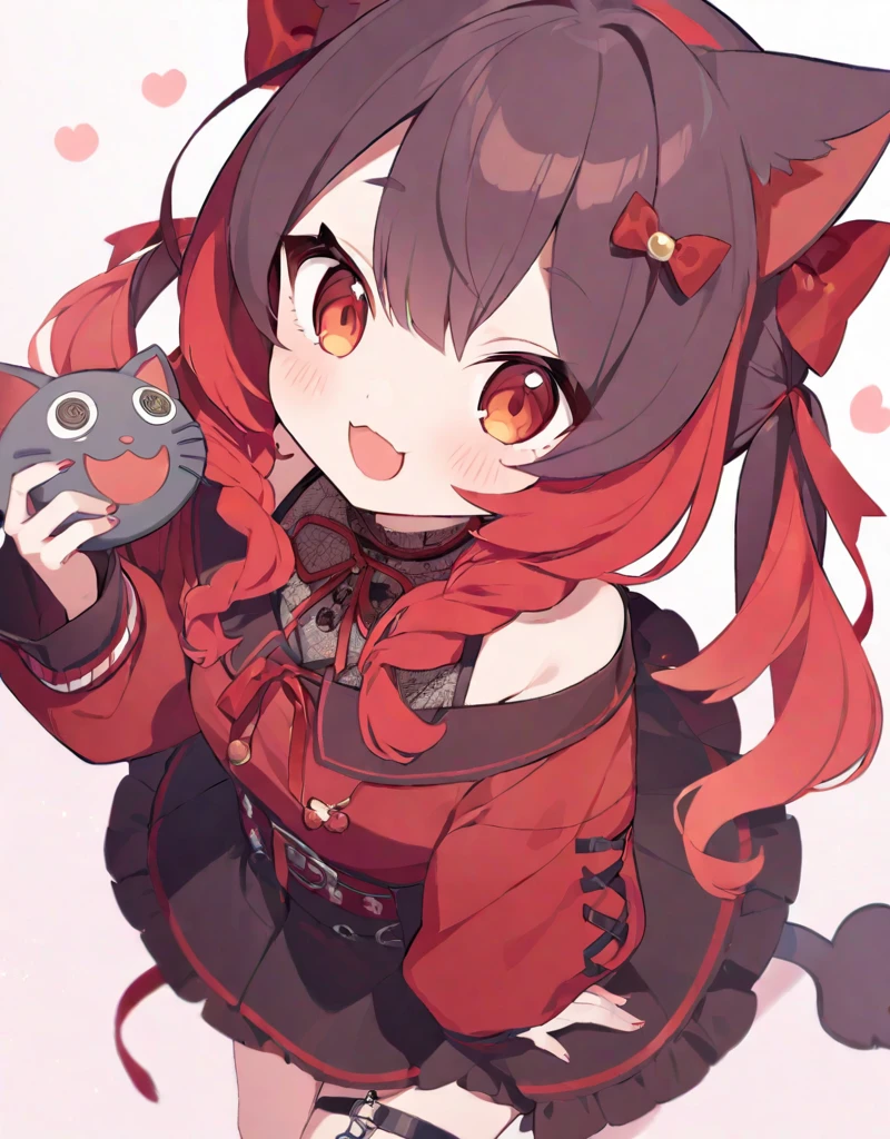 cute, , red long hair, outfit random, cute look
,neko ears and neko tail