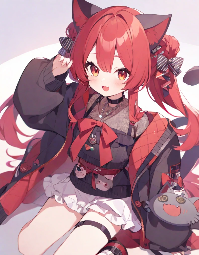 cute, , red long hair, outfit random, cute look
,neko ears and neko tail