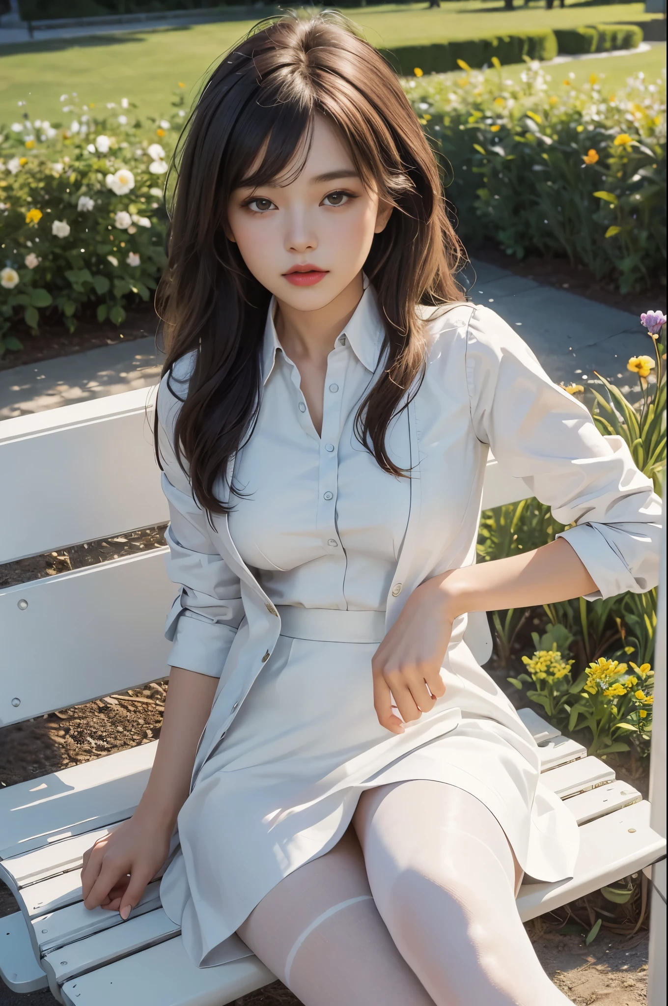 (best quality, 4k, Masterpiece, Ultra detailed, hyperrealism, RAW quality), 1 girl, sitting cross-legged on white garden bench, hands between legs, looking at the sky, she: long plain skirt, thick pantyhose, buttoned blouse, jacket in hand, wings, hair down, noon, English lamps, little birds,