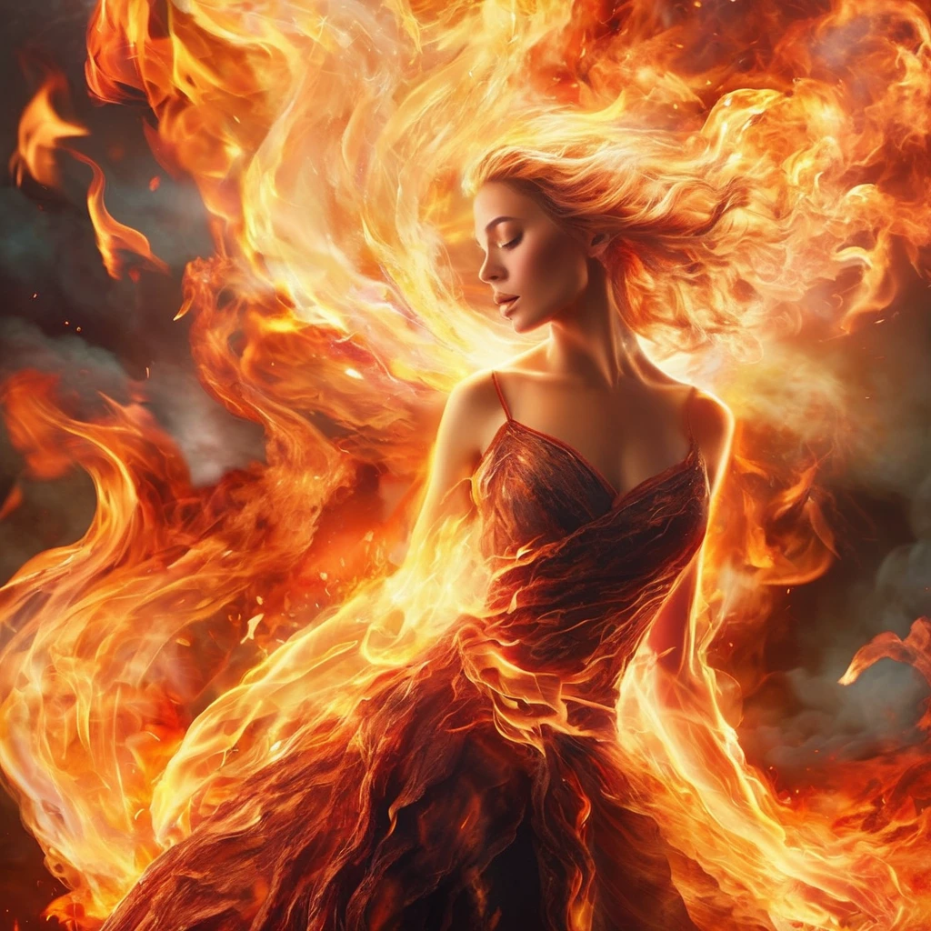 (Masterpiece, high quality, best quality, official art, beauty and aesthetics:1.2),(fire element:1.1),composed of fire elements,(1girl:1.2),burning,transparency,fire,(molten rock),flame skin,flame print,fiery hair,smoke,cloud,(radiant:1.1),(flames soaring:1.2),(reigniting the divine fire:1.2),ukl,