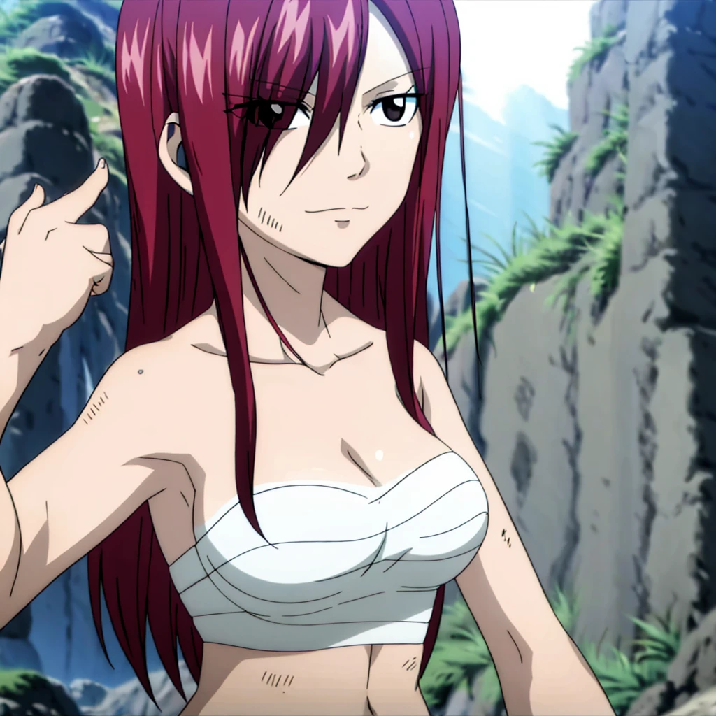 masterpiece, anime style, beach, best quality, highres, fairy tail, 1girl, big breasts, collarbone, midriff, sarashi wrap, standing, insane mentally unstable smile,mature woman, tall, short hair, pale skin