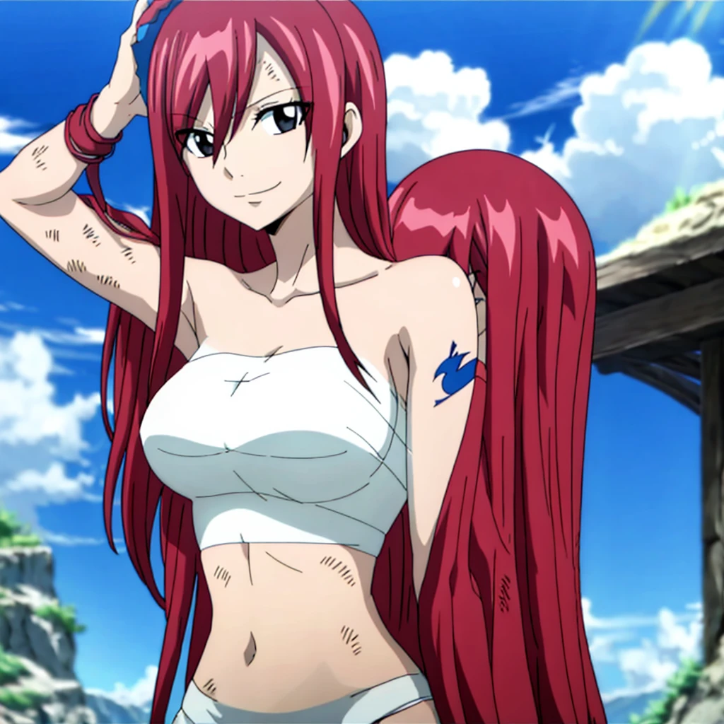 masterpiece, anime style, beach, best quality, highres, fairy tail, 1girl, big breasts, collarbone, midriff, sarashi wrap, standing, insane mentally unstable smile,mature woman, tall, short hair, pale skin