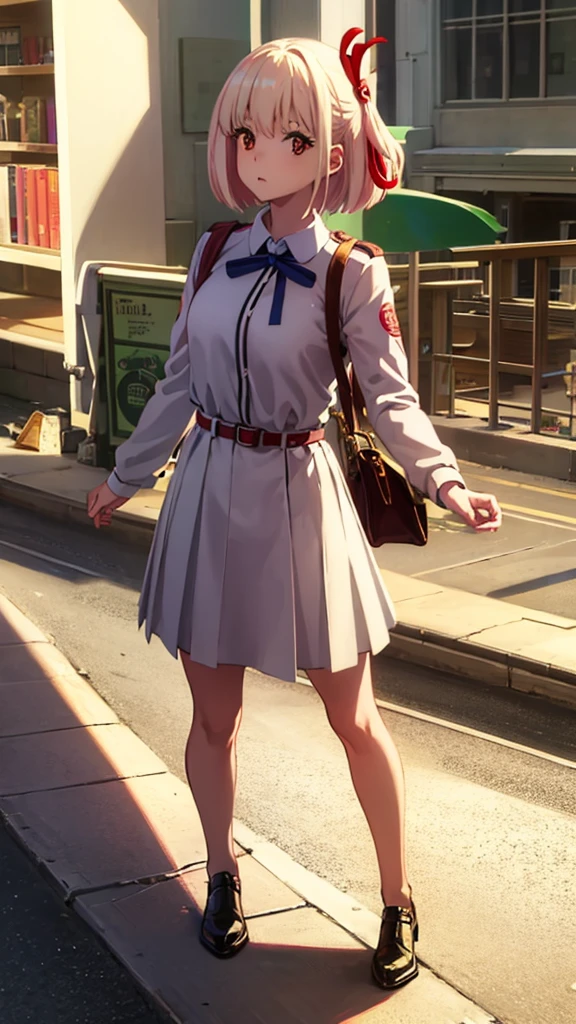 chisatonishikigi, nishikigi chisato, short hair, bangs, blonde hair, (red eyes:1.5), hair ribbon, one side up, bob cut, BREAK shirt, long sleeves, dress, ribbon, white shirt, collared shirt, belt, neck ribbon, red dress, blue ribbon, pleated dress, grey dress, two-tone dress, red belt, lycoris uniform,, BREAK outdoors, city, BREAK looking at viewer, BREAK (masterpiece:1.2), best quality, high resolution, unity 8k wallpaper, (illustration:0.8), (beautiful detailed eyes:1.6), extremely detailed face, perfect lighting, extremely detailed CG, (perfect hands, perfect anatomy),