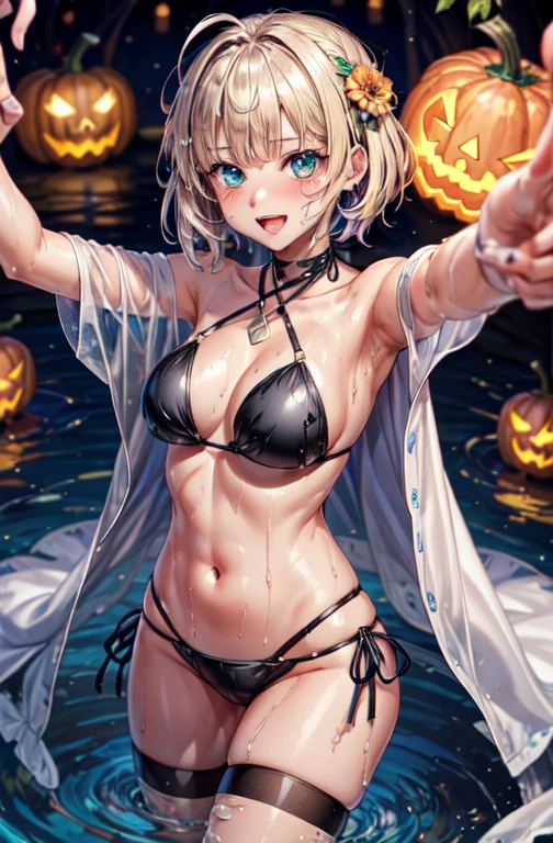 woman,,,city, ((Tavern)), (((Black Bikini, Wet Bikini, See-through bikini, Thigh focus))),Open mouth smiling, ((There are two stray hairs coming out of my head.)), ((hair ornaments)), ((Baby girl body type)), One girl, Artoria Pendragon,destiny,aphrodisiac,Lie,Things to know,Wet Area, Areol, defenseless,Embarrassing,Be embarrassed,Knead the milk,Milk is important,Len,Breast milk, Knight King,Noble,ring,既婚woman, Pointing straight up, (Highest quality:1.1), (masterpiece:1.4), (Absurd:1.0), Portrait, Close-up, One girl、Momoberia Deviluke、hair ornaments、Beautiful bob cut、Beautiful Short Hair、Emerald blue eyeid-chest、Watching the audience、(blush:1.2)、Embarrassed look、Mesh pantyhose、Black background、((Pumpkin lantern)), Striped pattern, ((Has a troubled look)), ((There are Western-style sweets everywhere.)), ((Cute gestures))