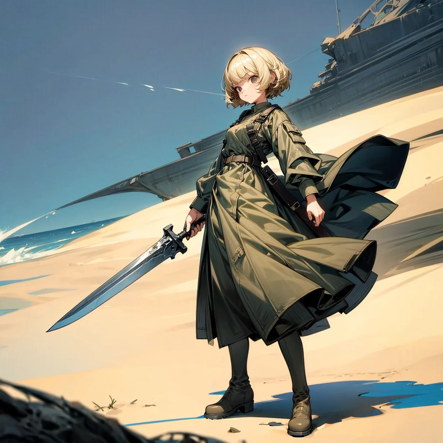 1girl, Full body version, 1character, girl version, black eyes color, bob Curly haircut, blonde colour hair, army style clothing, long skirt, long boots, knife in hand, Grassroots, background in beach, motion blur, (one piece style art), standing gesture