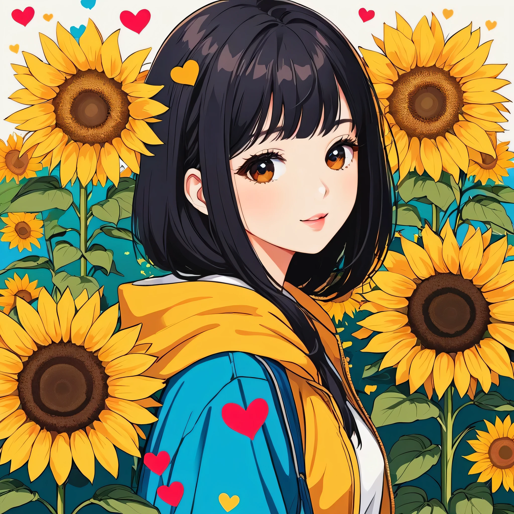 Mika Pikazo style, Simple Line Initialism,Abstract art,Kawaii Design, The most beautiful girl of all time, The background is sunflowers, colorful hearts, colorful flowers,