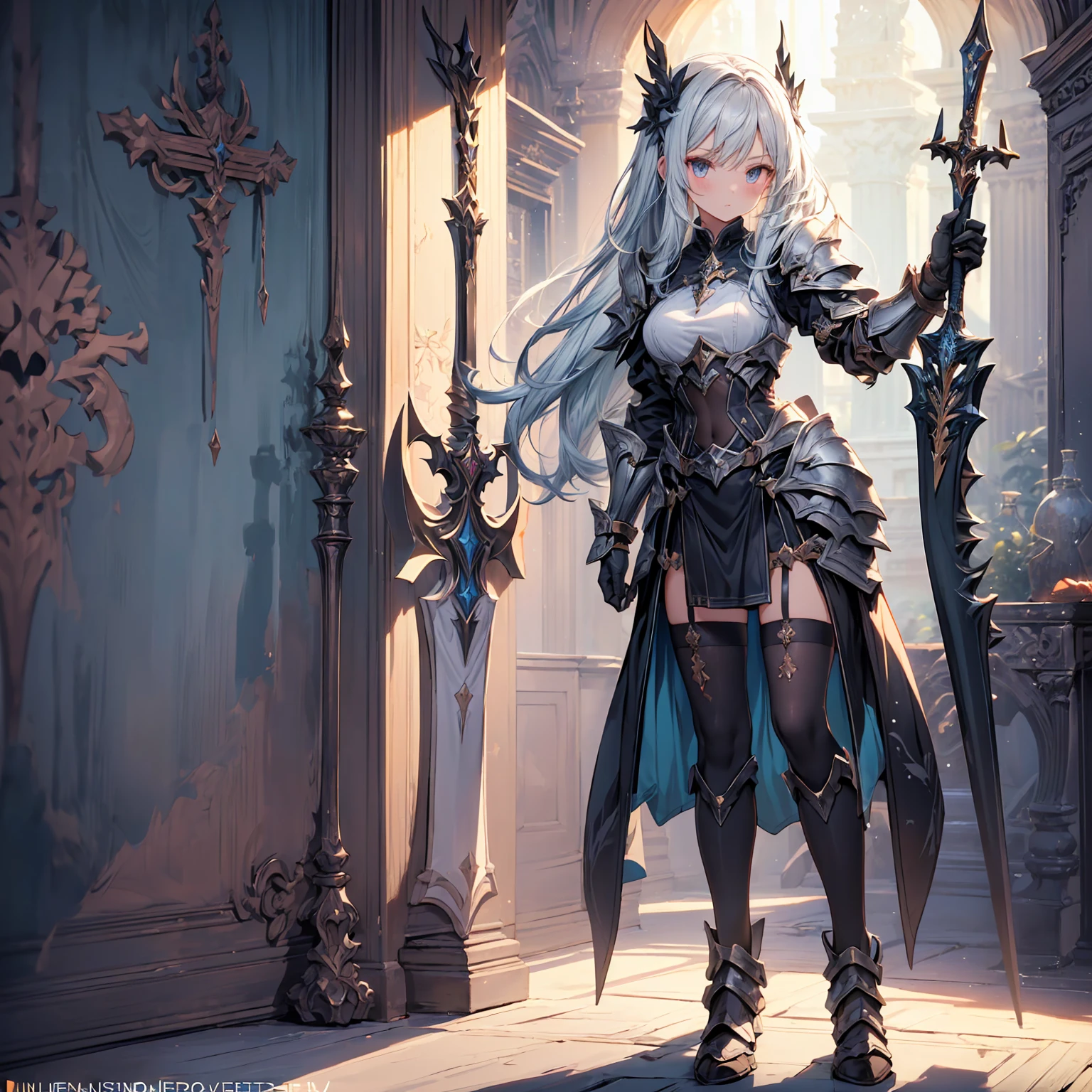 (((masterpiece, best quality, high detailed, 8k))) Design a layout showcase Gaming character, (1girl). White|Gold clothes, stylish and unique. ((showcase weapon:1.4)), holy scepter. (masterpiece:1.2), (best quality), 4k, ultra-detailed. (Step by step design, layout art:1.5), (luminous lighting, atmospheric lighting). priestess, ((glove full hands)), (((revealing clothes:1.3))), vambraces, armored legwear, (((full_body_shot:1.4))). {In a sacred temple}.