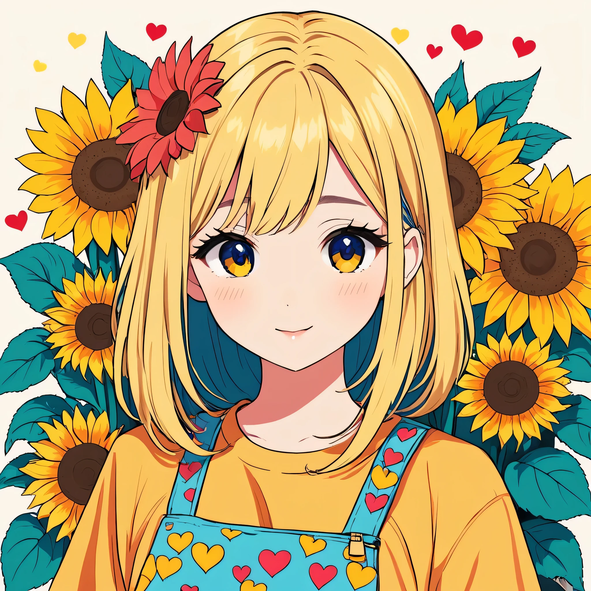 Mika Pikazo style, Simple Line Initialism，Abstract art，Kawaii Design, The most beautiful girl of all time, The background is sunflowers, colorful hearts, colorful flowers,