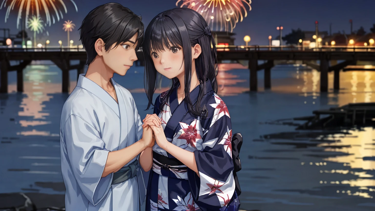 A man and woman are holding hands, blushing and looking at each other with colorful fireworks in the background from the riverbank.2It's a shot。
Men25He is 20 years old, wears a jinbei, has short black hair, and is tall and handsome.。
women are17She is 20 years old, has long navy blue hair, is short and cute, and wears a floral yukata.。