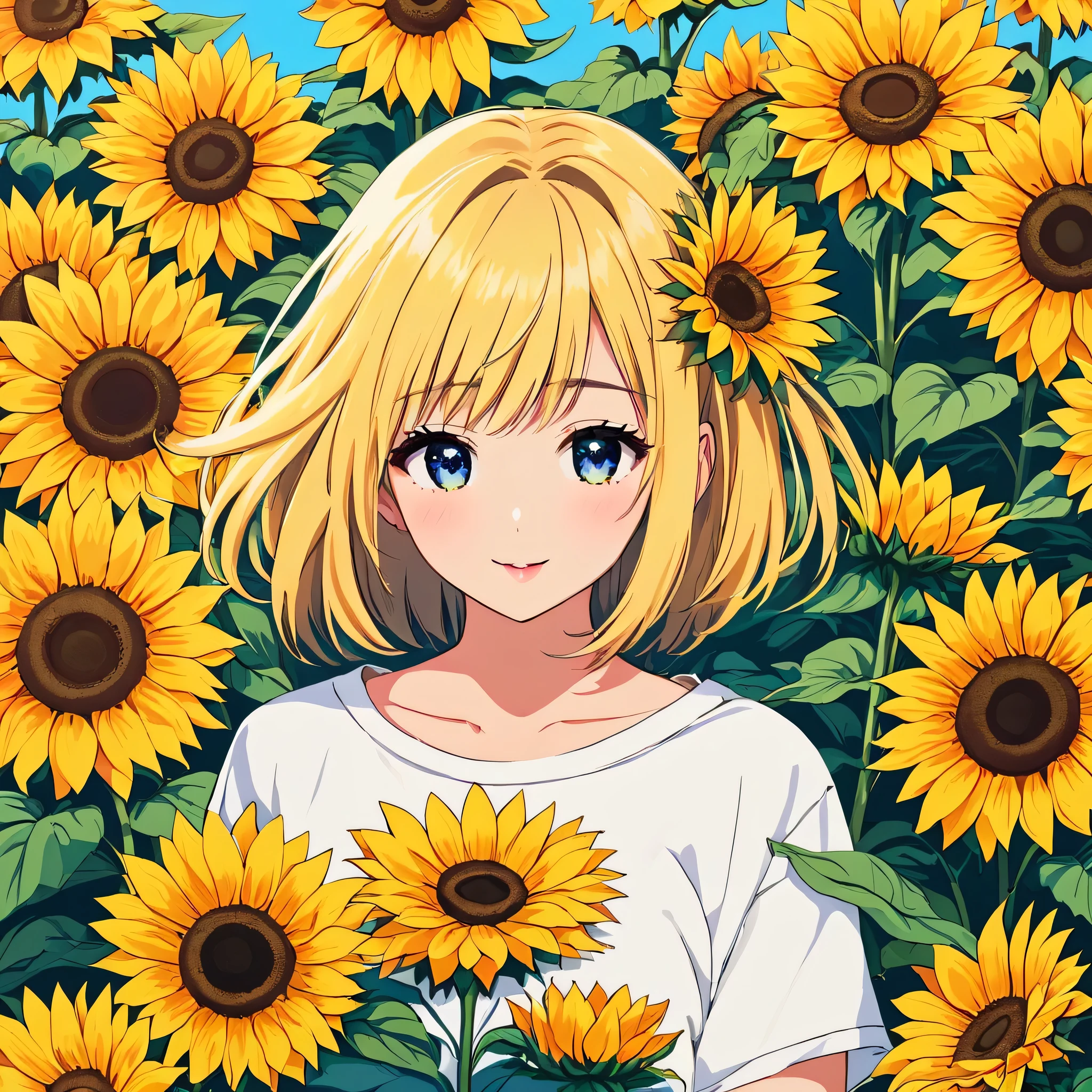 Mika Pikazo style, Simple Line Initialism，Abstract art，Kawaii Design, The most beautiful girl of all time, The background is sunflowers, colorful hearts, colorful flowers,