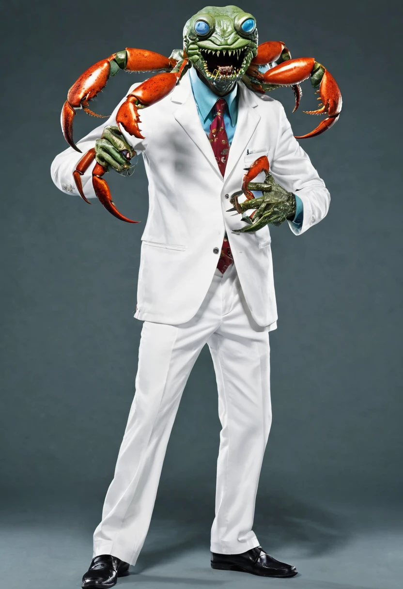 Zombie, crab arm, (right arm crab hand), white professor suit zombie with crab arm, villain, full body, full body view