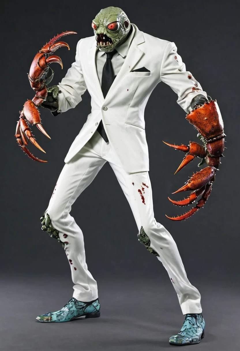 Zombie, crab arm, (right arm crab hand), white professor suit zombie with crab arm, villain, full body, full body view 