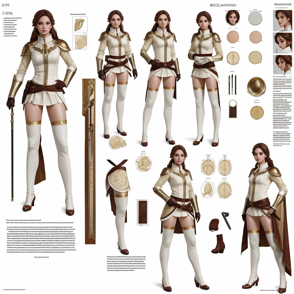 ((Masterpiece, Highest quality)), Detailed face, CharacterDesignSheet,full bodyesbian, Full of details, Multiple poses and expressions, Highly detailed, Depth, beuaty girl,Lace,lacepantyhose, High Balance, suns,Natural light,White and gold,armor