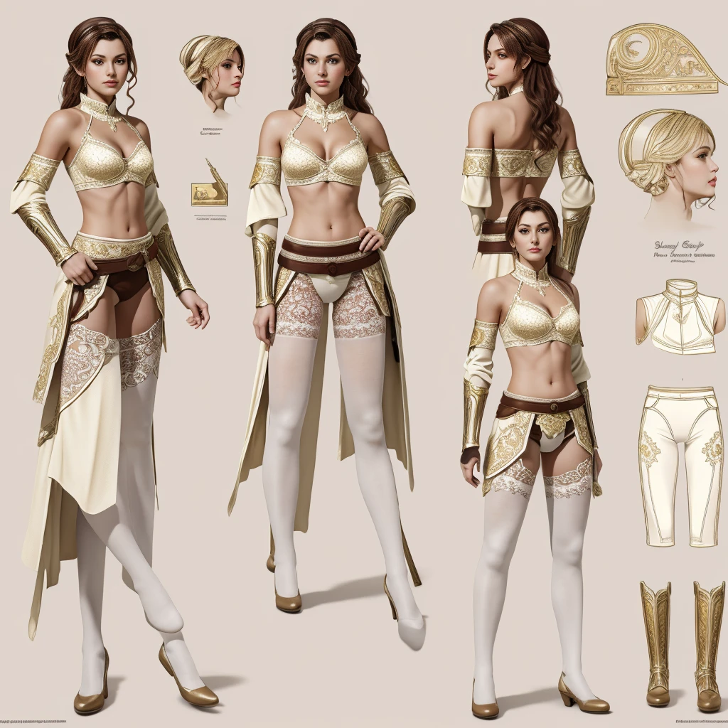 ((Masterpiece, Highest quality)), Detailed face, CharacterDesignSheet,full bodyesbian, Full of details, Multiple poses and expressions, Highly detailed, Depth, beuaty girl,Lace,lacepantyhose, High Balance, suns,Natural light,White and gold,armor