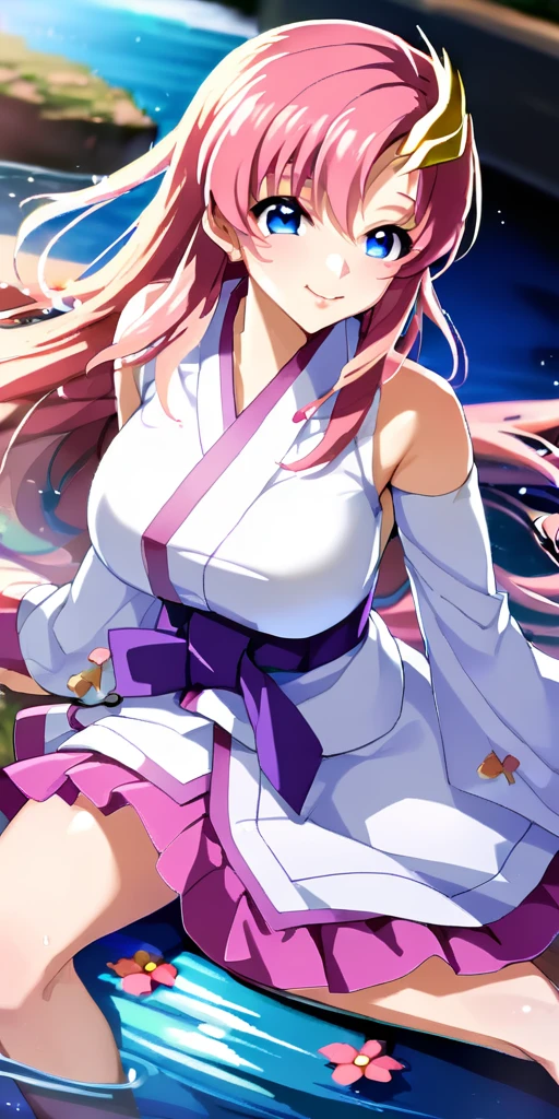 ((64k，Ultra-high resolution，Super best quality，masterpiece，Hyperrealistic，Young and adorable, beautiful, young, adorable，young woman，Full body photo，Full body angle，Whole Body Ezbian，))，GundamSEED，〜Lacus Clyne at age 20，Pink Hairの毛，Blue Eyes，Detailed eyes,Detailed skin,Detailed face,Shiny skin,Detailed Hair,White skin,Perfect lighting,Glossy Lips,京都animeーション, animeカラーリング  ,Klein Lake,GundamSEED , Pink Hair, Straight hair,blue eyes , (((hair ornaments, White sleeves,豪華なWhite Dress, 豪華なPurple Skirt, 贅沢なLong skirt))),Very long hair, Bare shoulders, Star background，2002s 〜2024\(style\),anime, Lacus 1, One girl, alone, hair ornaments, White sleeves, blue eyes, White Dress, Purple Skirt, Long skirt, Very long hair, Bare shoulders, Large Breasts, smile, Gundam, On the floor,Water Lake，Swimsuit，Yukata，smile，Many beautiful flowers are blooming，In a dress