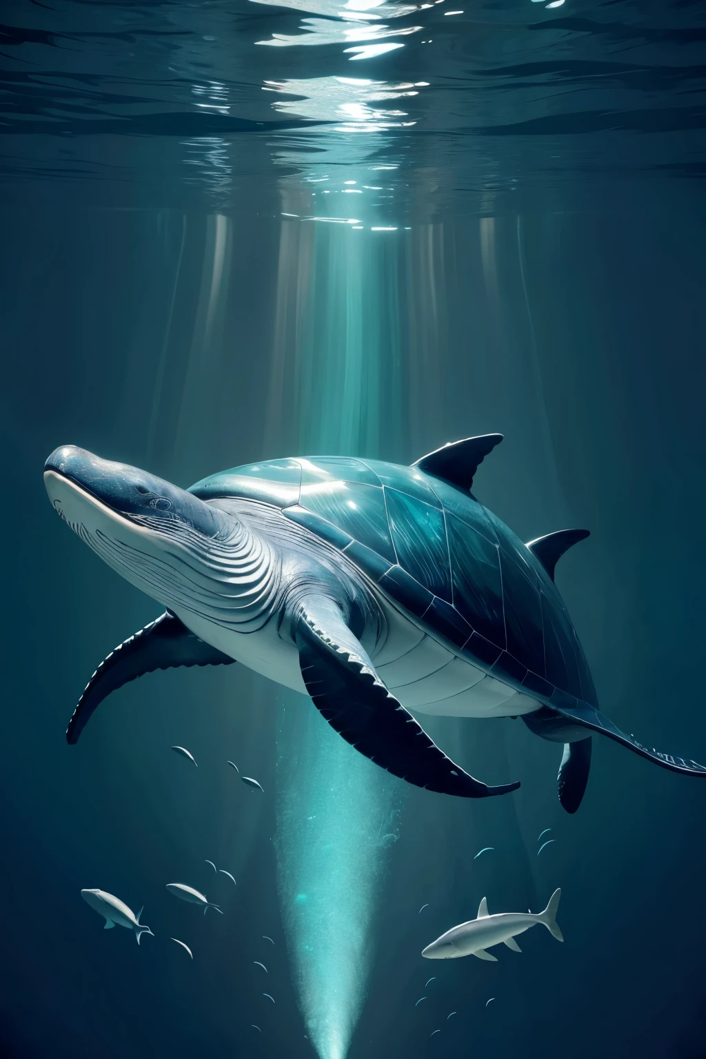 a massive hybrid creature, part whale, part turtle, floating gracefully in a serene, underwater seascape, photorealistic, 8k, highly detailed, intricate textures, iridescent scales, flowing fins, curious expression, dramatic lighting, moody blue-green color palette, cinematic composition